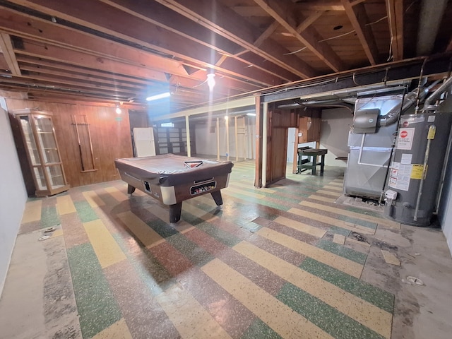 playroom featuring water heater, heating unit, and pool table