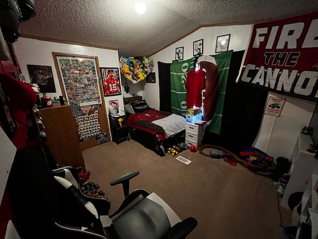 carpeted bedroom featuring lofted ceiling and a textured ceiling