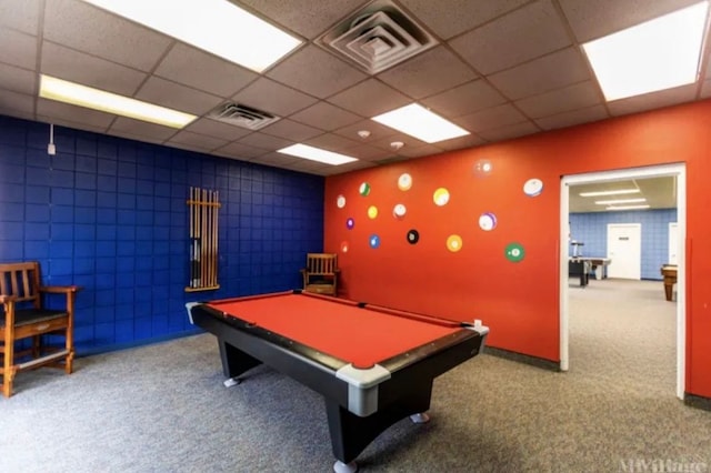 game room with pool table, carpet floors, and a drop ceiling