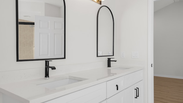 bathroom featuring vanity and wood-type flooring