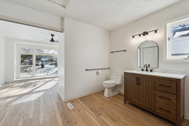 bathroom with toilet, wood finished floors, vanity, and a textured ceiling