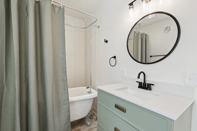 full bathroom featuring a shower with shower curtain, a tub to relax in, and vanity