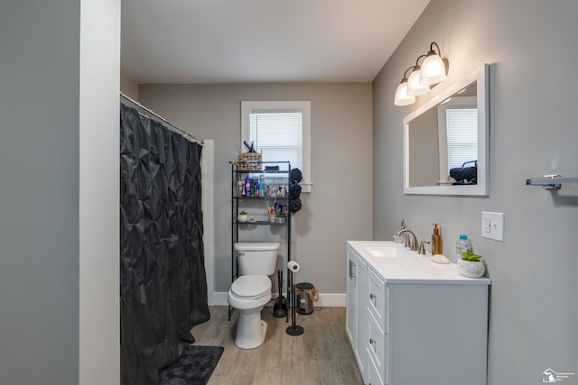 bathroom with hardwood / wood-style flooring, vanity, toilet, and curtained shower