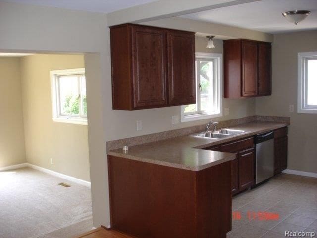 kitchen with light carpet, sink, and dishwasher