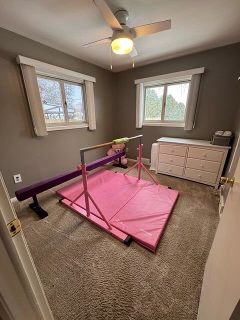 bedroom with ceiling fan, carpet floors, and multiple windows