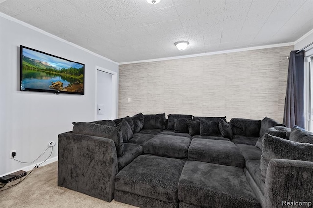 carpeted living room with crown molding