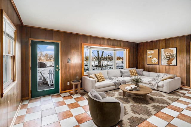 living room featuring wood walls