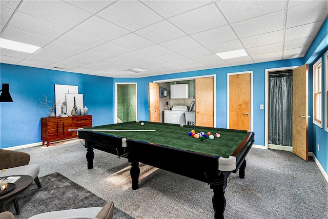 game room featuring washer / clothes dryer, pool table, a paneled ceiling, and carpet flooring