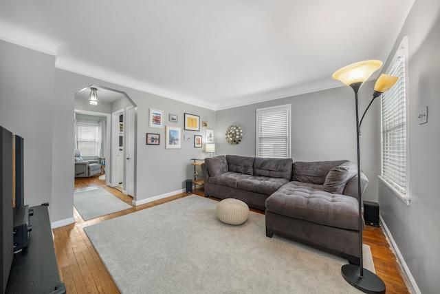 living room featuring ornamental molding and light hardwood / wood-style floors