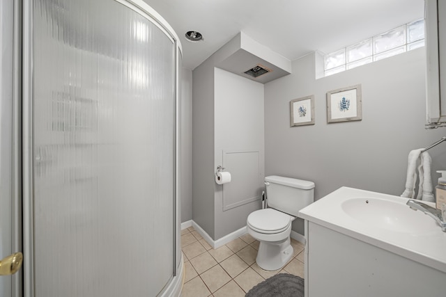 bathroom with tile patterned flooring, vanity, an enclosed shower, and toilet