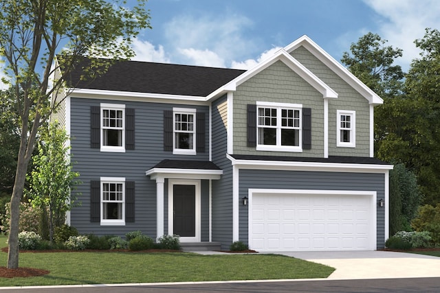 view of front facade featuring a garage and a front lawn