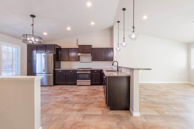 kitchen with dark brown cabinetry, sink, appliances with stainless steel finishes, pendant lighting, and light stone countertops