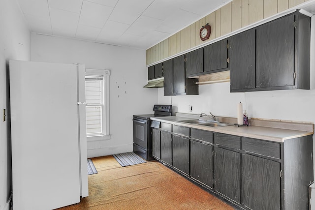 kitchen with white refrigerator, black range with electric stovetop, and sink