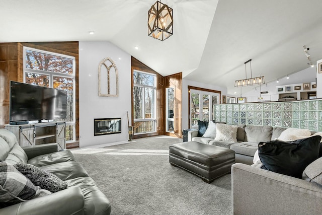 living room featuring rail lighting, vaulted ceiling, and carpet