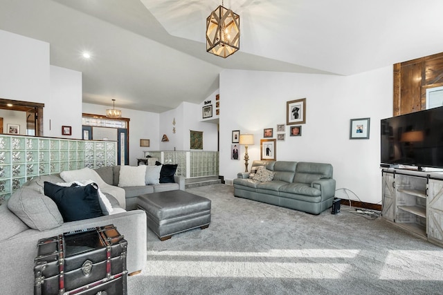 carpeted living room featuring lofted ceiling and a chandelier