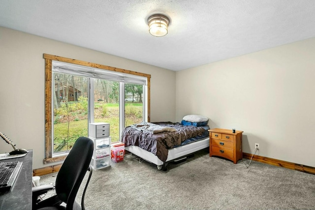 bedroom featuring carpet flooring and a textured ceiling