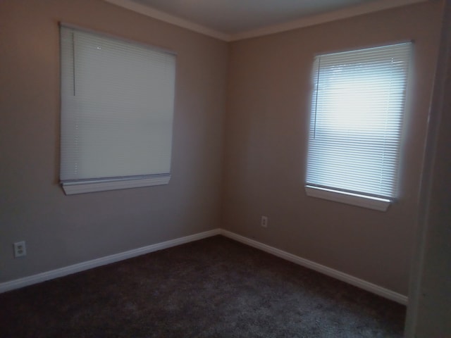 empty room featuring dark carpet and ornamental molding