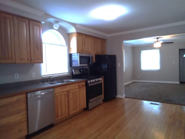 kitchen with sink, crown molding, stainless steel appliances, and light wood-type flooring