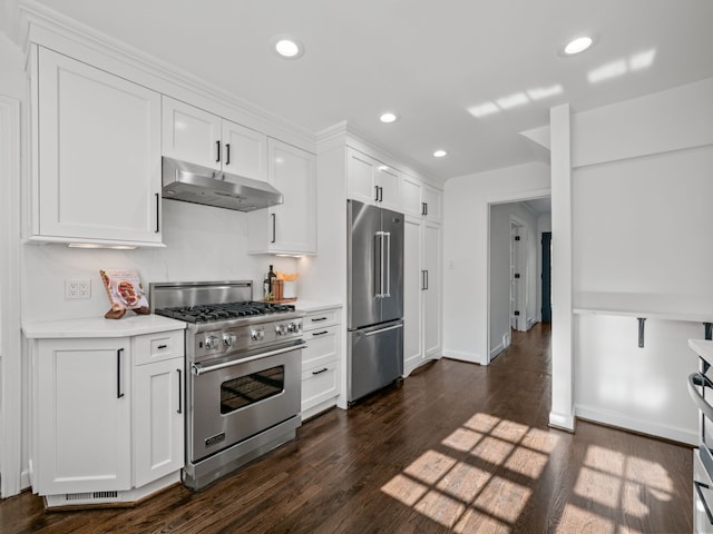 kitchen featuring high quality appliances, white cabinetry, and dark hardwood / wood-style floors