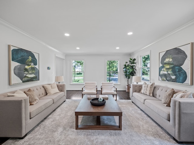 living room with ornamental molding and light wood-type flooring