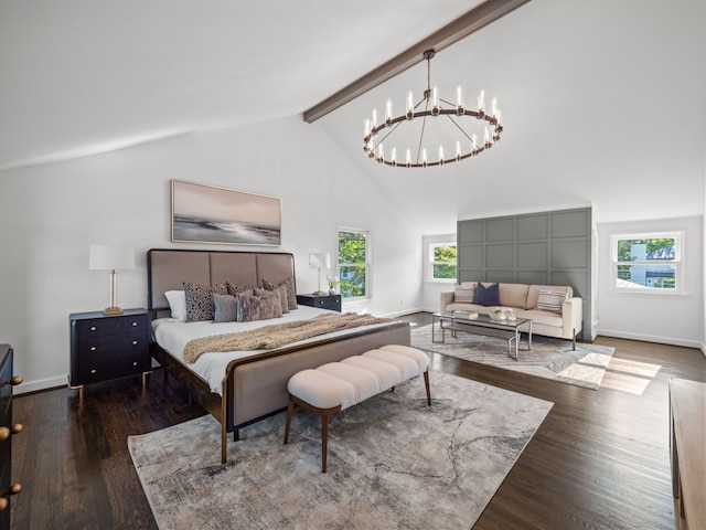 bedroom featuring dark wood-type flooring, beam ceiling, a chandelier, and high vaulted ceiling