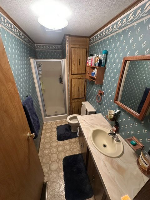 bathroom with vanity, an enclosed shower, a textured ceiling, and toilet