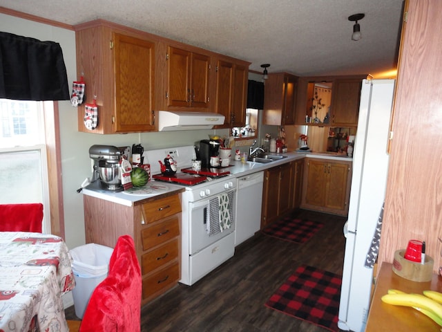 kitchen with white appliances, dark hardwood / wood-style floors, sink, and a textured ceiling