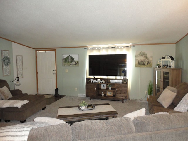 carpeted living room with crown molding