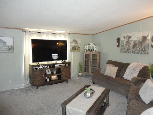 carpeted living room with ornamental molding