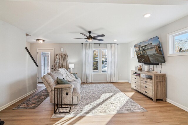 177 E Lowry, Brooklyn, MI 49230 - living room featuring ceiling fan, baseboards, light wood-style flooring, and recessed lighting