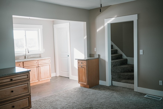 interior space featuring visible vents, light colored carpet, baseboards, and a sink