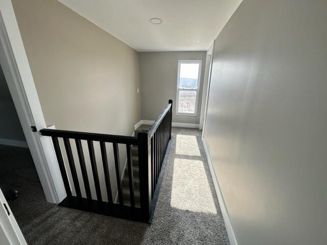 stairway with baseboards and carpet flooring