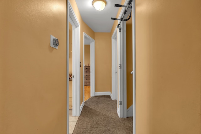 hallway featuring light carpet