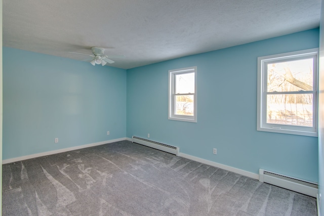 unfurnished room featuring ceiling fan, carpet, a textured ceiling, and baseboard heating