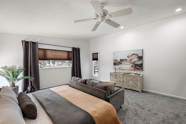 bedroom with baseboards, a ceiling fan, a textured ceiling, carpet flooring, and recessed lighting