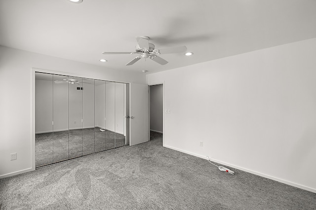 unfurnished bedroom with carpet floors, recessed lighting, and baseboards