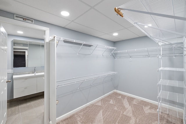 spacious closet featuring light carpet, a drop ceiling, a sink, and visible vents