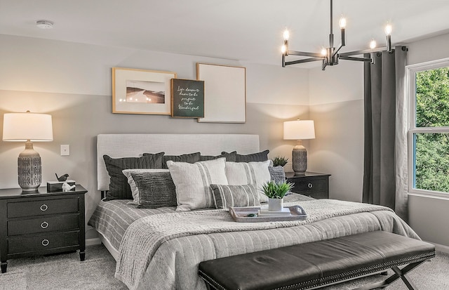 carpeted bedroom featuring a chandelier