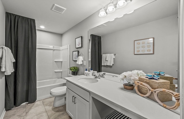 full bathroom with vanity, shower / bath combination with curtain, tile patterned floors, and toilet