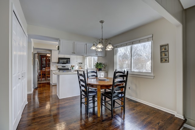 dining room featuring sink, dark hardwood / wood-style floors, and a chandelier