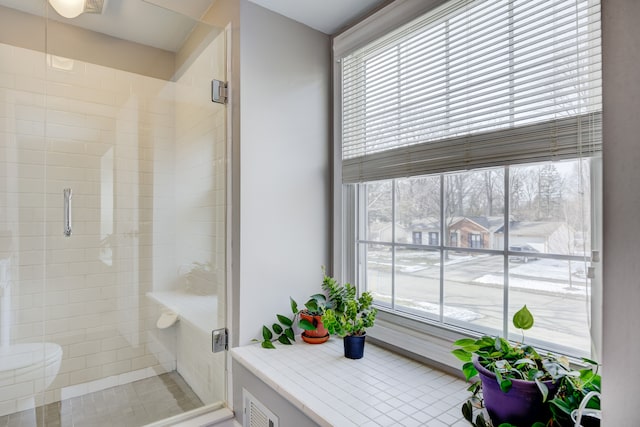 bathroom with a shower with door and a healthy amount of sunlight