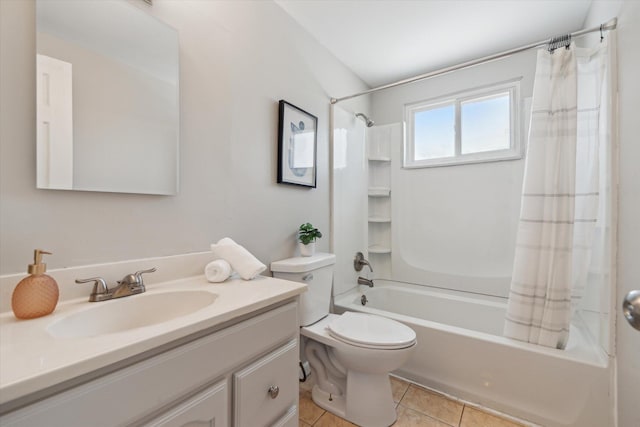 full bathroom with tile patterned flooring, vanity, shower / tub combo, and toilet