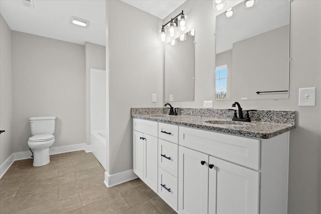 full bathroom with vanity,  shower combination, and toilet