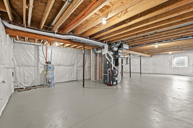 basement with heating unit and gas water heater