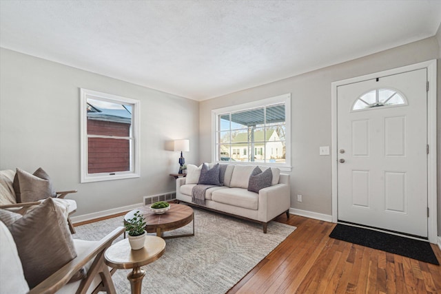 living room with hardwood / wood-style floors and a textured ceiling