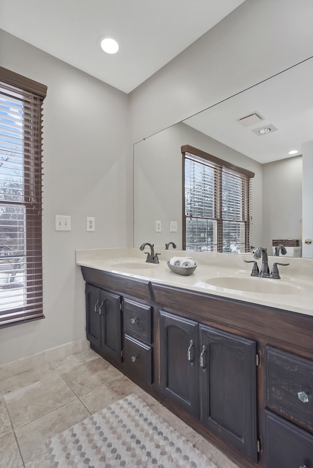 bathroom with double vanity, a healthy amount of sunlight, and a sink