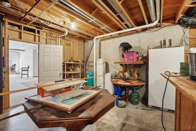 basement with white fridge