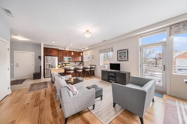 living room with a wealth of natural light and light wood-type flooring