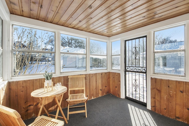 sunroom with wood ceiling