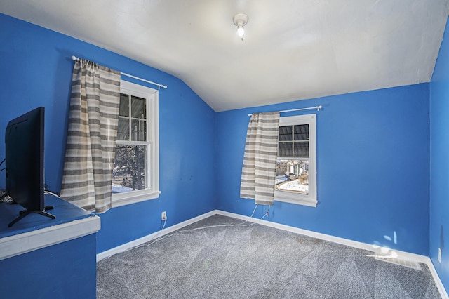 interior space with a healthy amount of sunlight, lofted ceiling, and carpet flooring